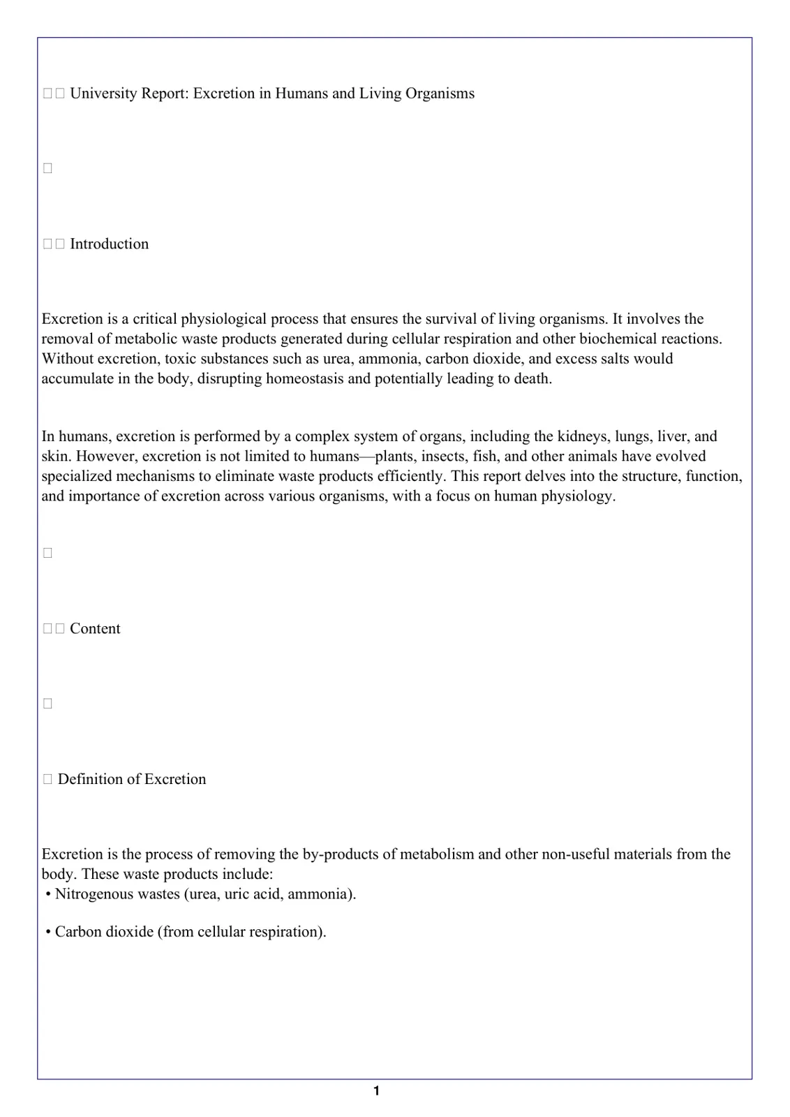 غلاف تقرير Excretion in Humans and Living Organisms