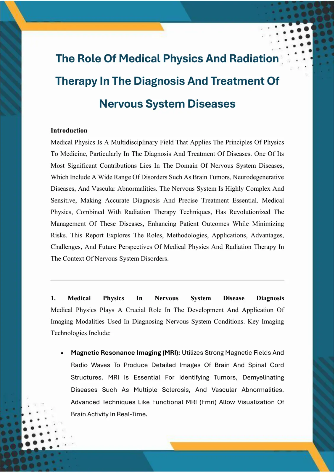 غلاف تقرير The Role of Medical Physics and Radiation Therapy in the Diagnosis and Treatment of Nervous System Diseases