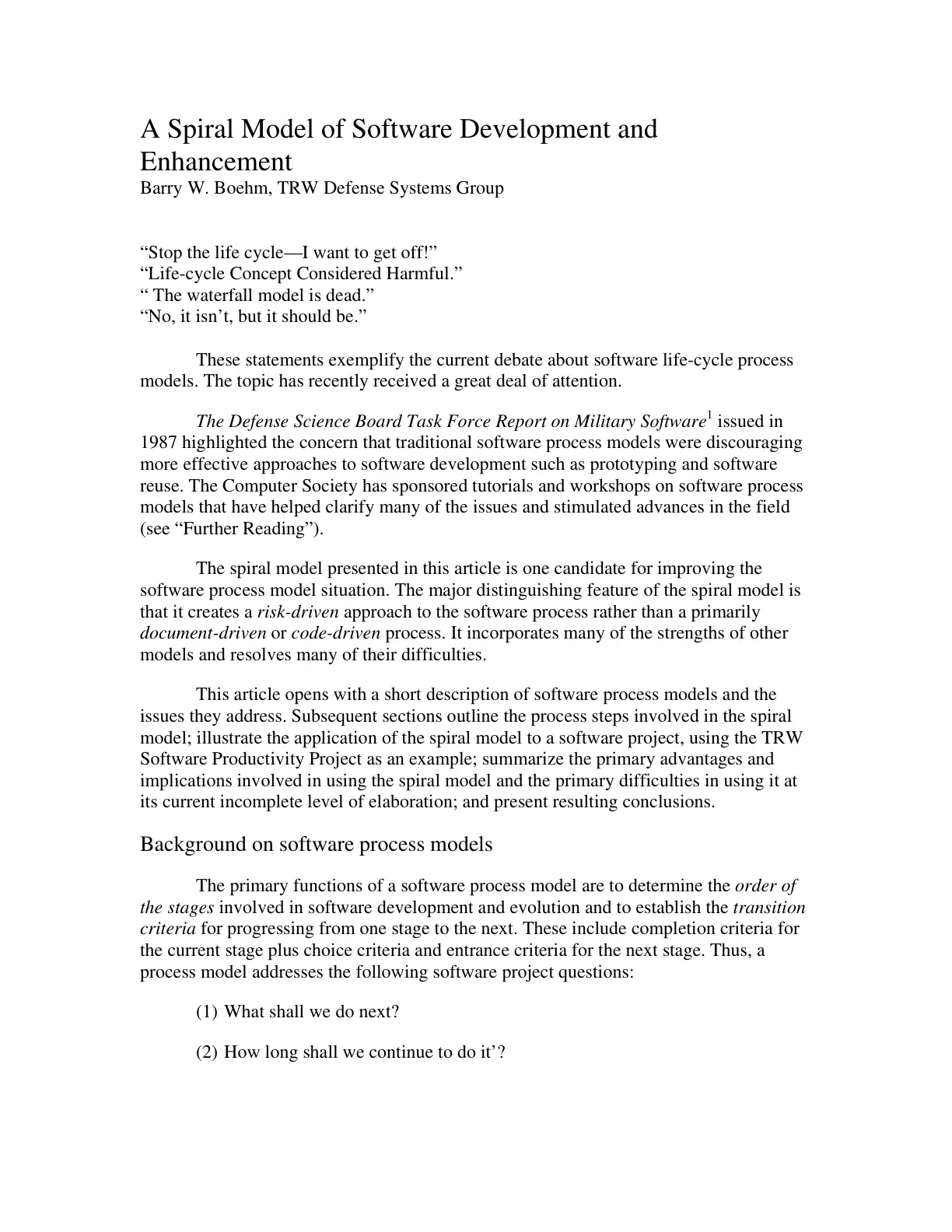 غلاف تقرير A Spiral Model of Software Development and Enhancement
