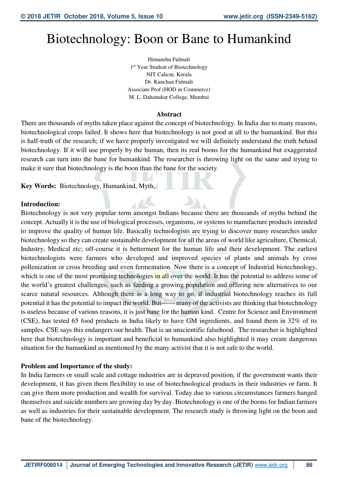 غلاف تقرير Biotechnology: Boon or Bane to Humankind