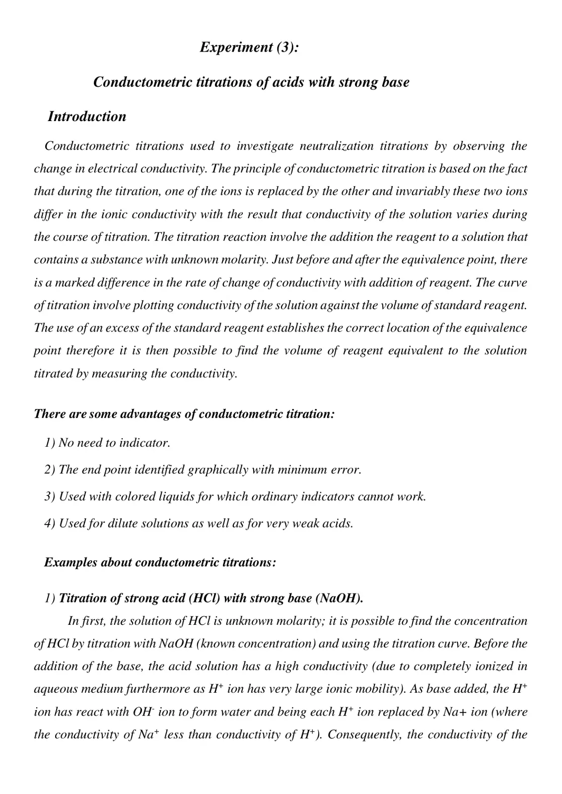 غلاف تقرير Conductometric titrations of acids with strong base