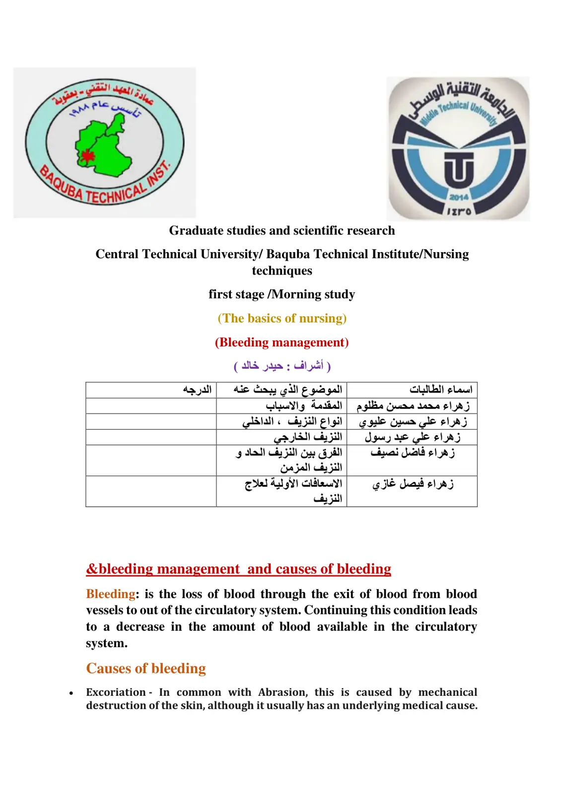 غلاف تقرير The basics of nursing - Bleeding management