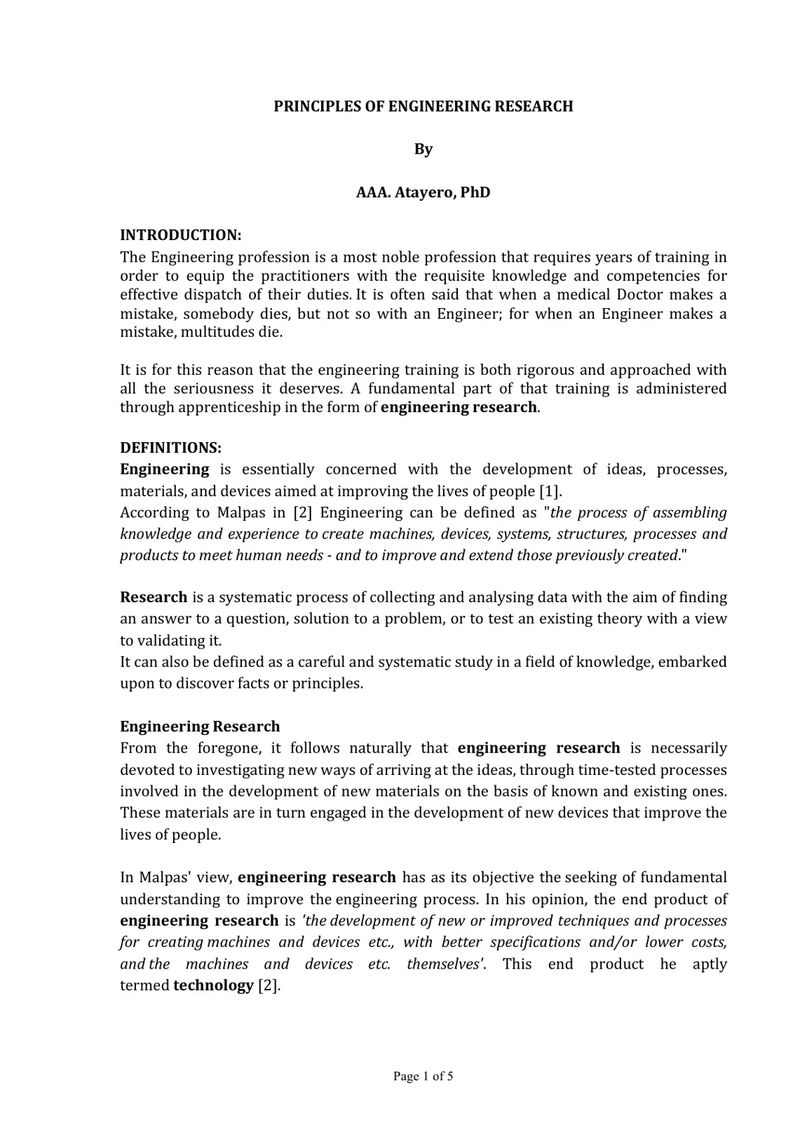 غلاف تقرير PRINCIPLES OF ENGINEERING RESEARCH