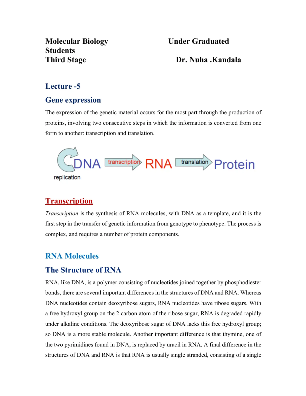 غلاف تقرير Molecular Biology - Lecture 5: Gene Expression