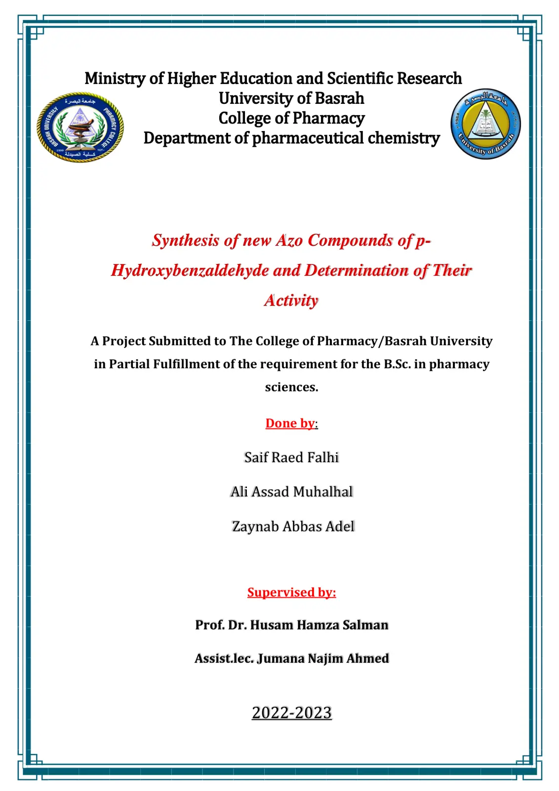 غلاف تقرير Synthesis of new Azo Compounds of p- Hydroxybenzaldehyde and Determination of Their Activity