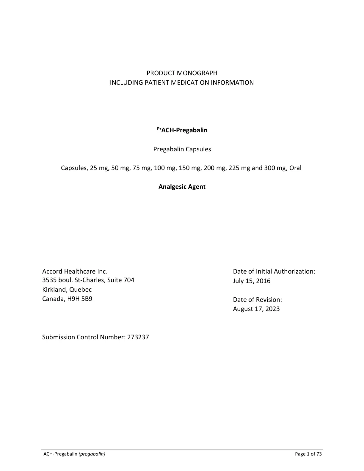 غلاف تقرير PRODUCT MONOGRAPH INCLUDING PATIENT MEDICATION INFORMATION PrACH-Pregabalin