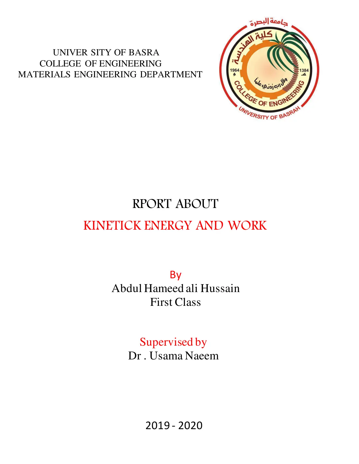 غلاف تقرير Report about Kinetic Energy and Work