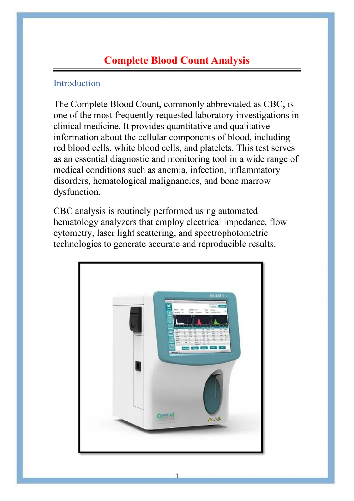 غلاف تقرير Introduction: Complete Blood Count Analysis