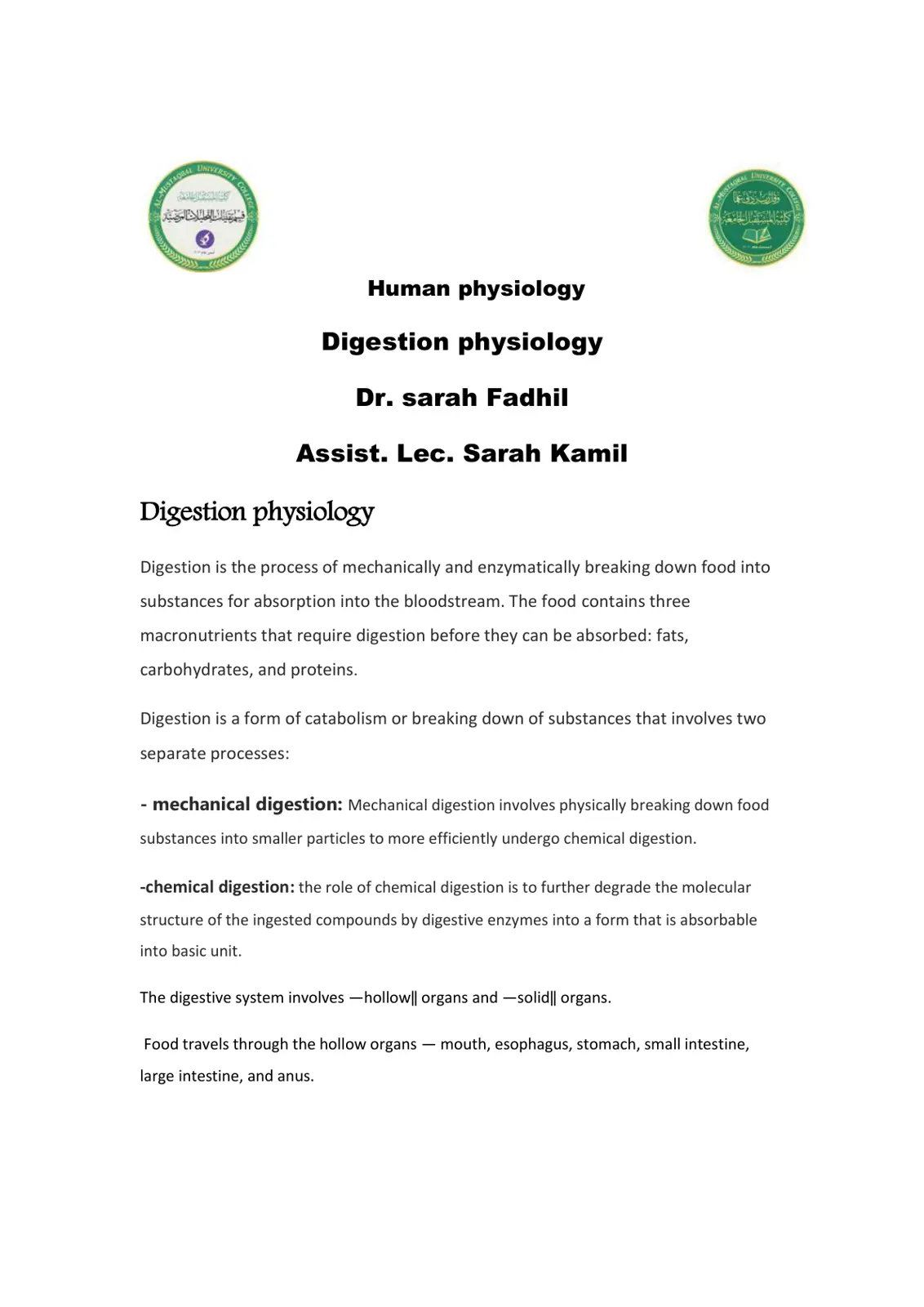 غلاف تقرير Digestion physiology