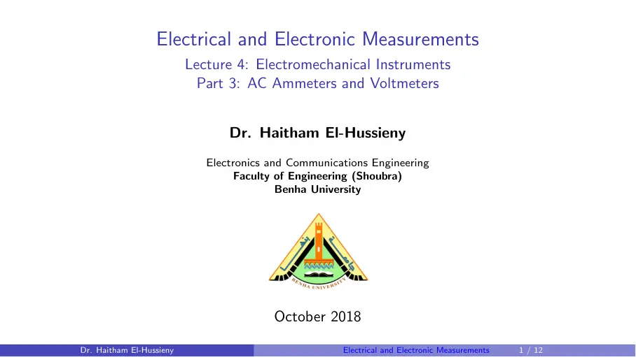 غلاف تقرير Electrical and Electronic Measurements Lecture 4: Electromechanical Instruments Part 3: AC Ammeters and Voltmeters