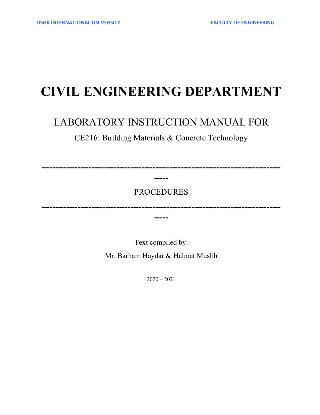 غلاف تقرير LABORATORY INSTRUCTION MANUAL FOR CE216: Building Materials & Concrete Technology