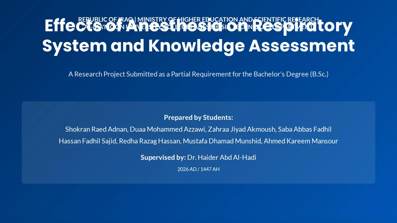 غلاف تقرير Anesthesia on Respiratory System and Knowledge Assessment