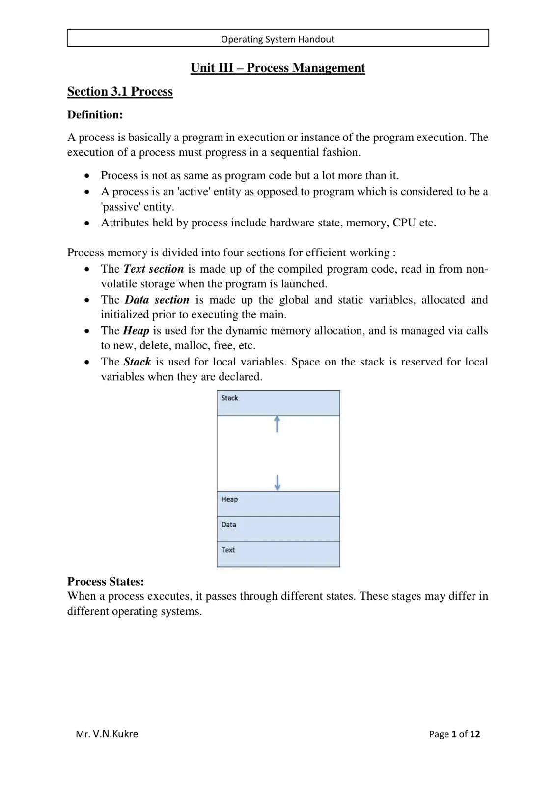 غلاف تقرير Section 3.1 Process Definition: Operating System Handout