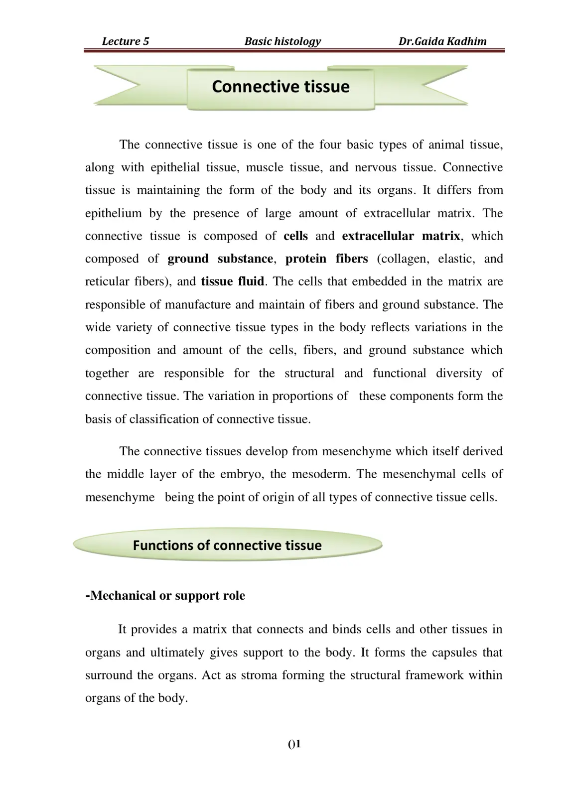 غلاف تقرير Lecture 5 Basic histology Connective tissue