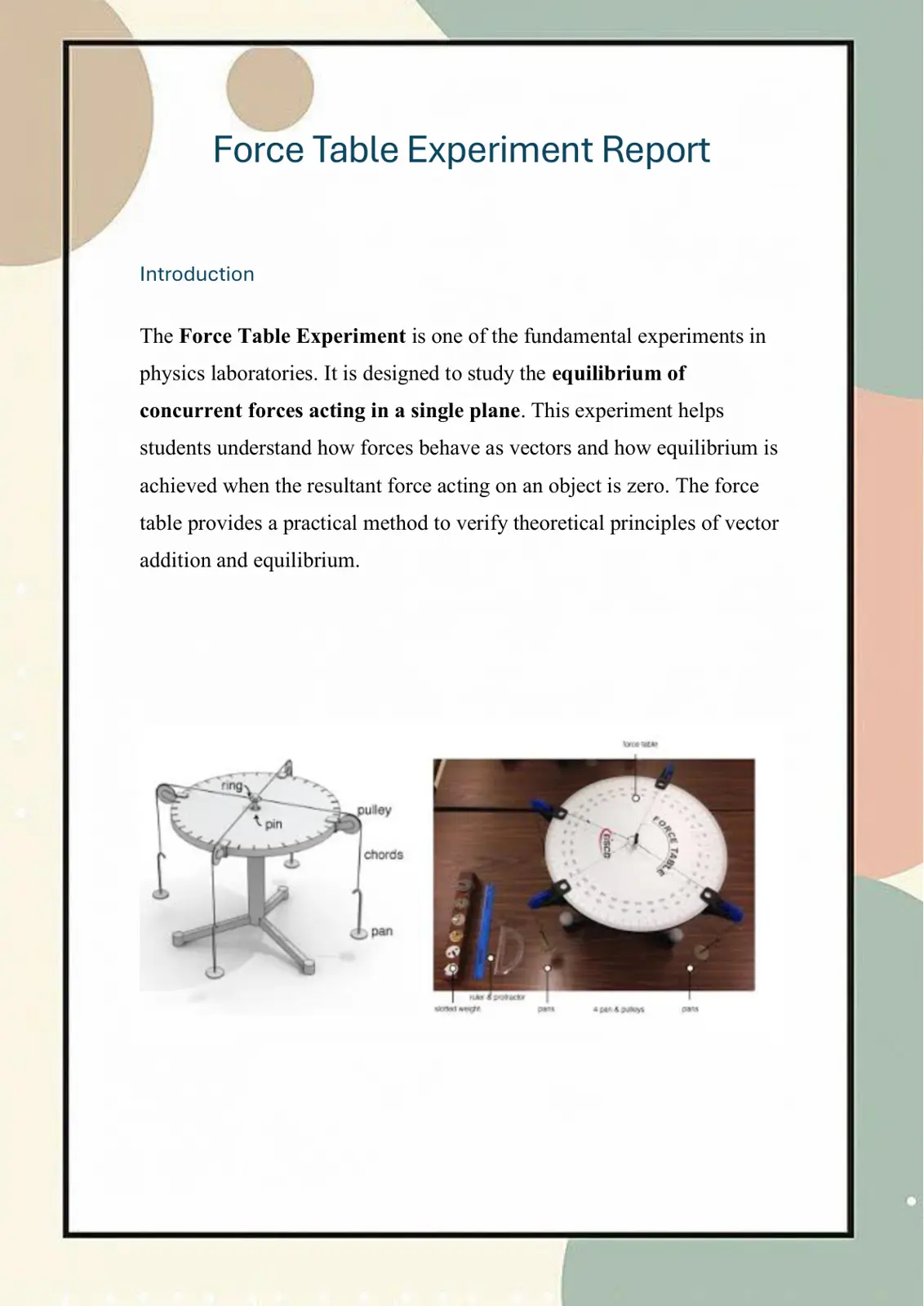 غلاف تقرير Force Table Experiment Report