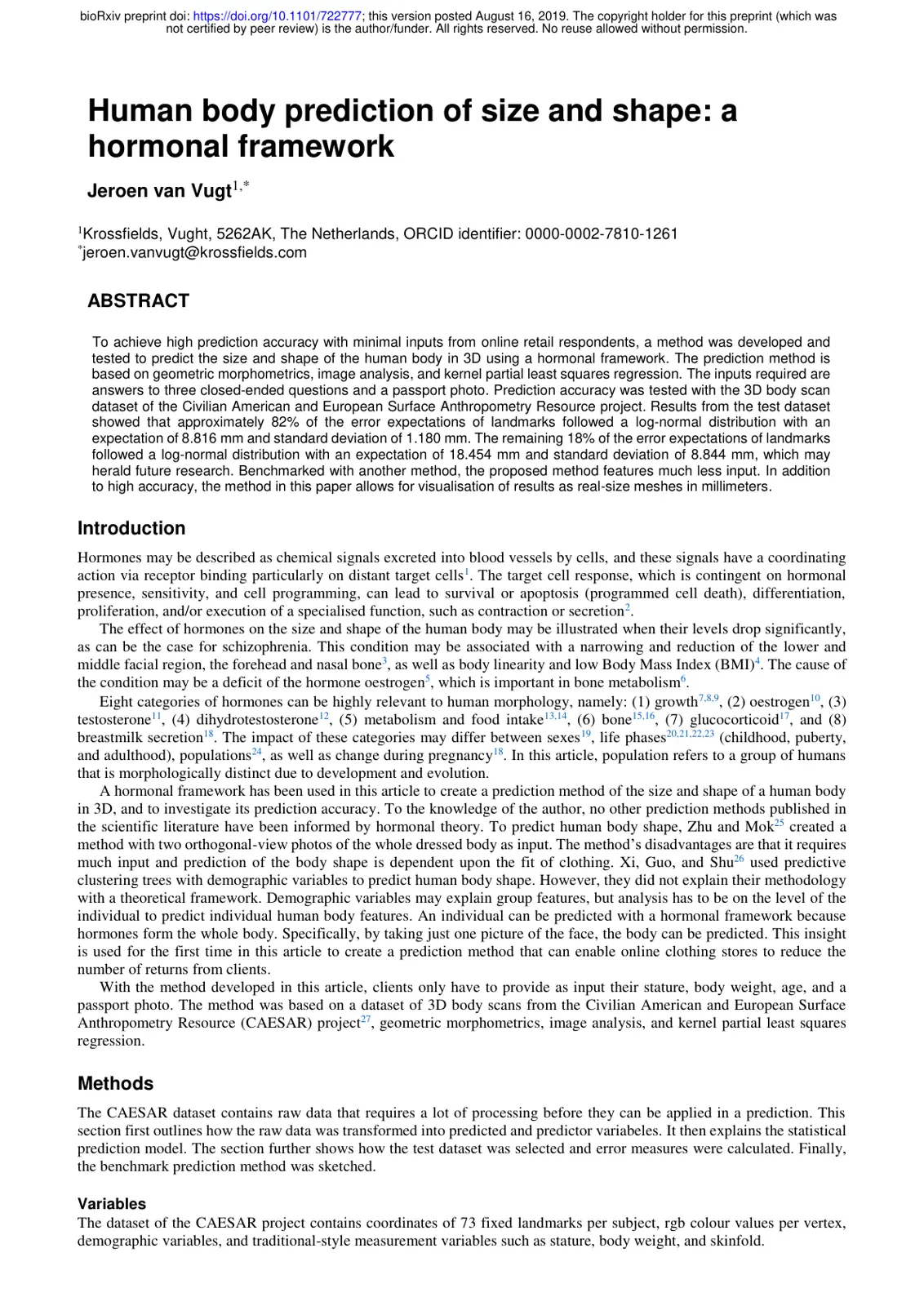 غلاف تقرير Human body prediction of size and shape: a hormonal framework