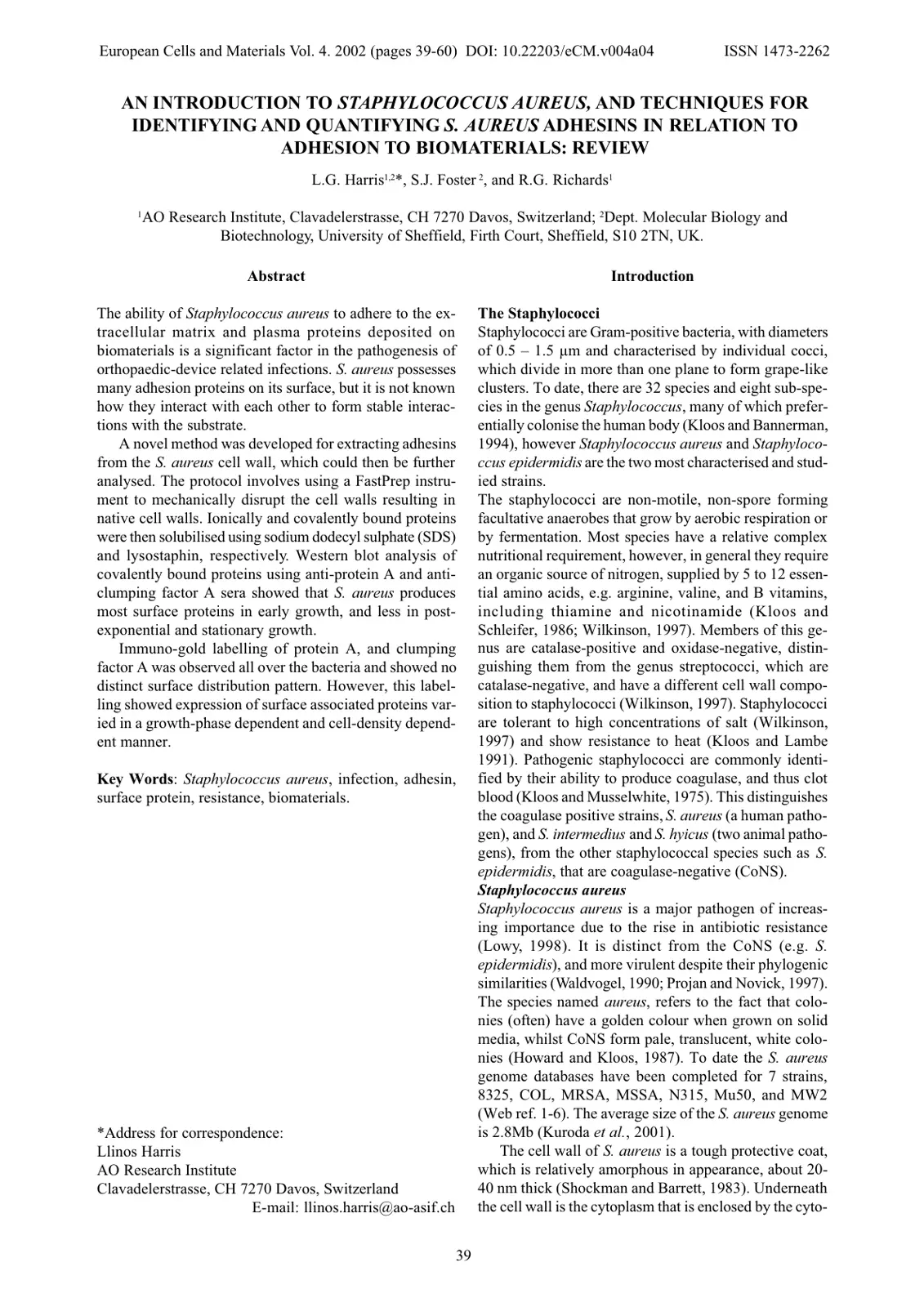 غلاف تقرير AN INTRODUCTION TO STAPHYLOCOCCUS AUREUS, AND TECHNIQUES FOR IDENTIFYING AND QUANTIFYING S. AUREUS ADHESINS IN RELATION TO ADHESION TO BIOMATERIALS: REVIEW