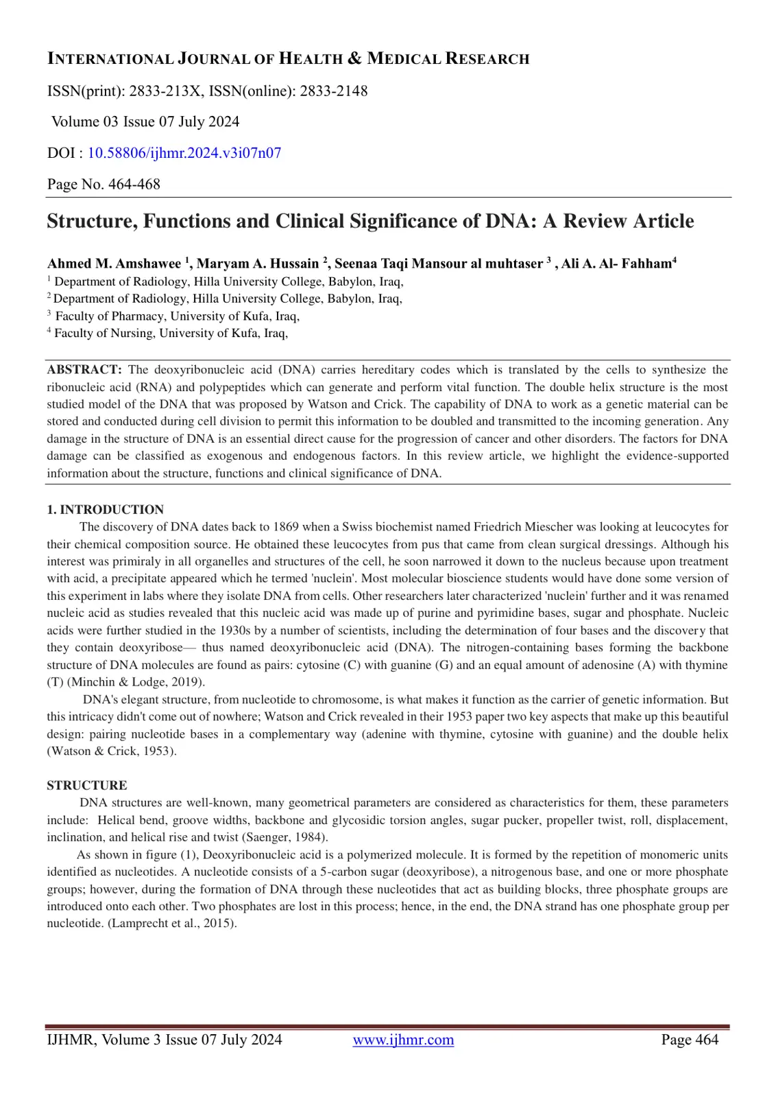 غلاف تقرير Structure, Functions and Clinical Significance of DNA: A Review Article