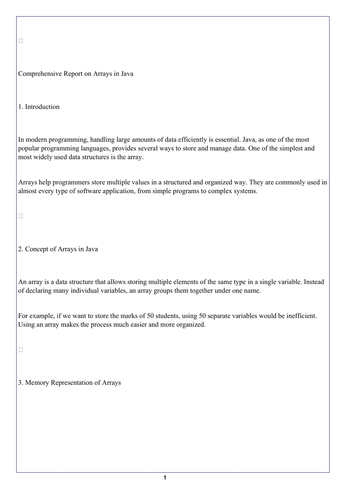غلاف تقرير Comprehensive Report on Arrays in Java