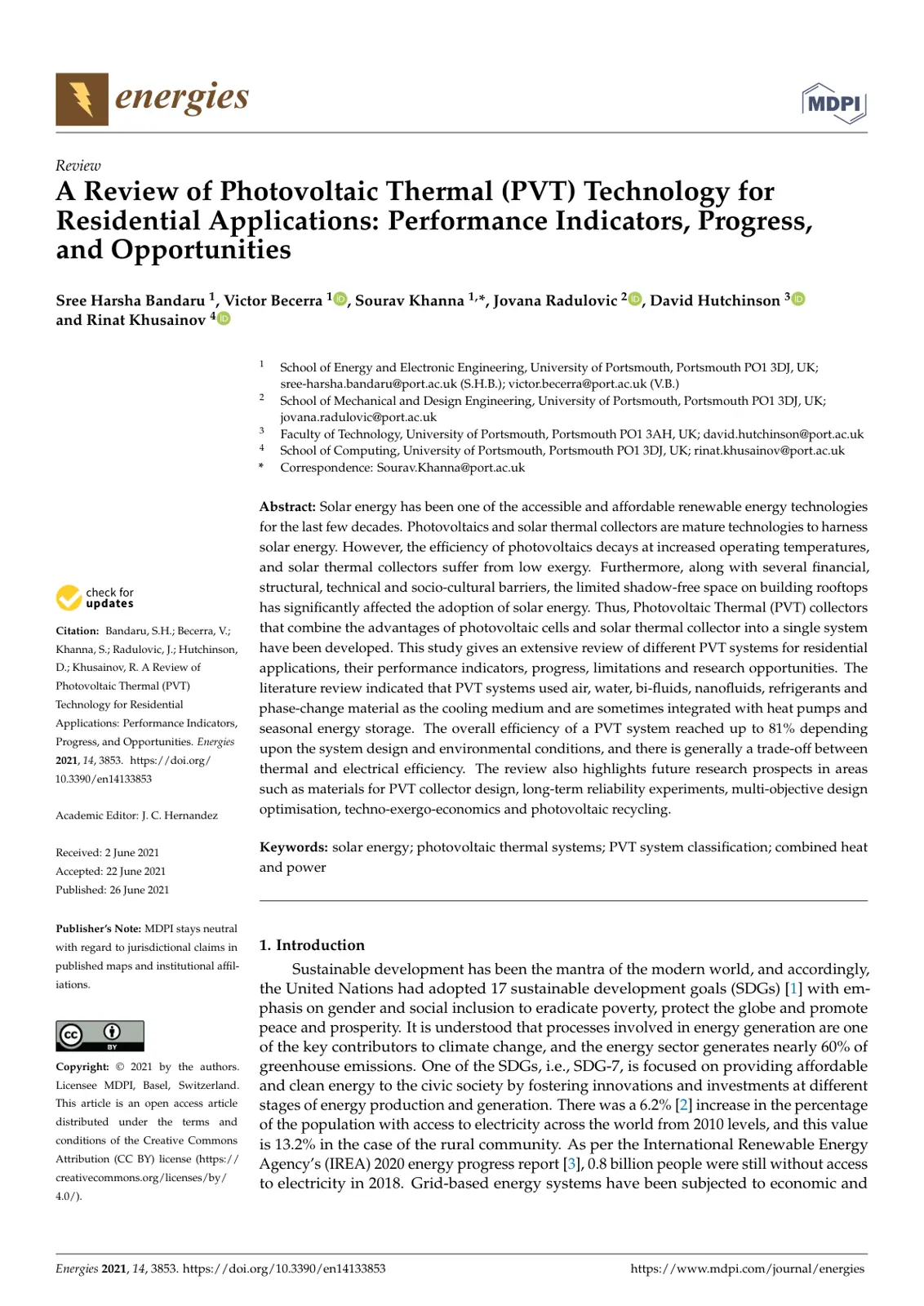 غلاف تقرير A Review of Photovoltaic Thermal (PVT) Technology for Residential Applications: Performance Indicators, Progress, and Opportunities