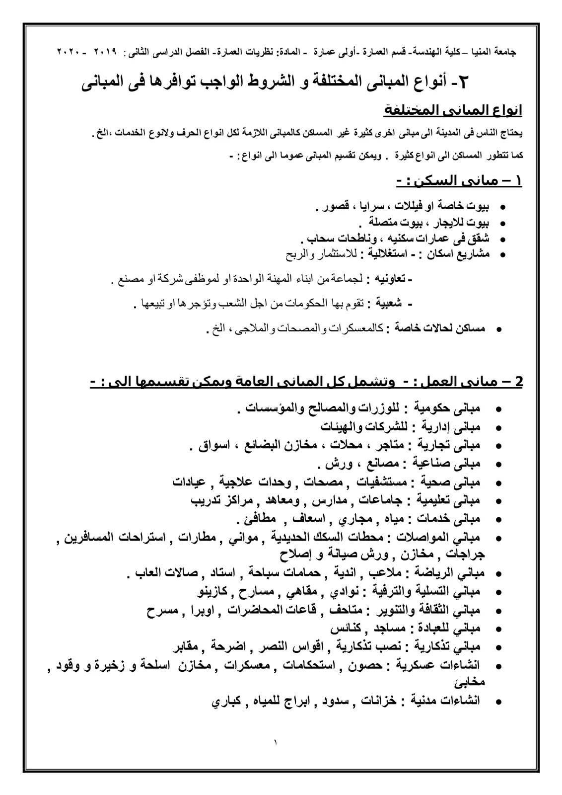 غلاف تقرير نظريات العمارة - أنواع المباني المختلفة والشروط الواجب توافرها