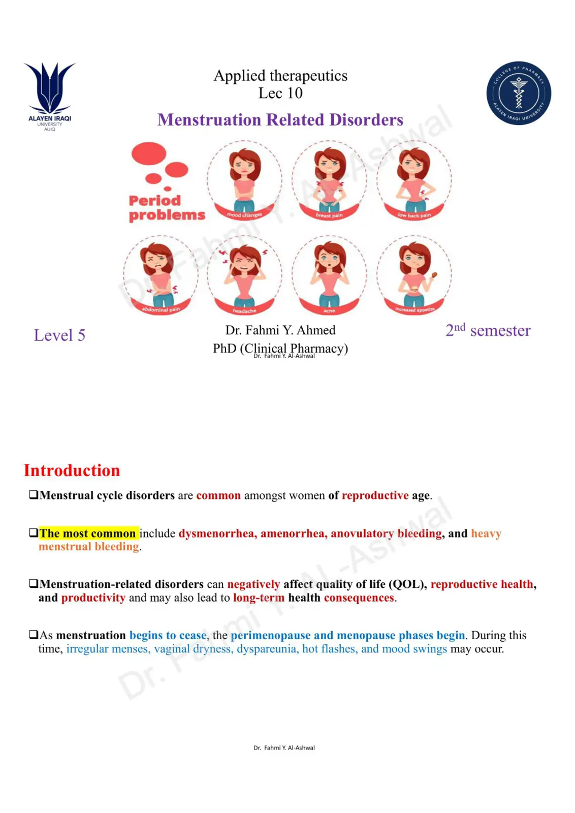 غلاف تقرير Applied Therapeutics - Lecture 10: Menstruation Related Disorders