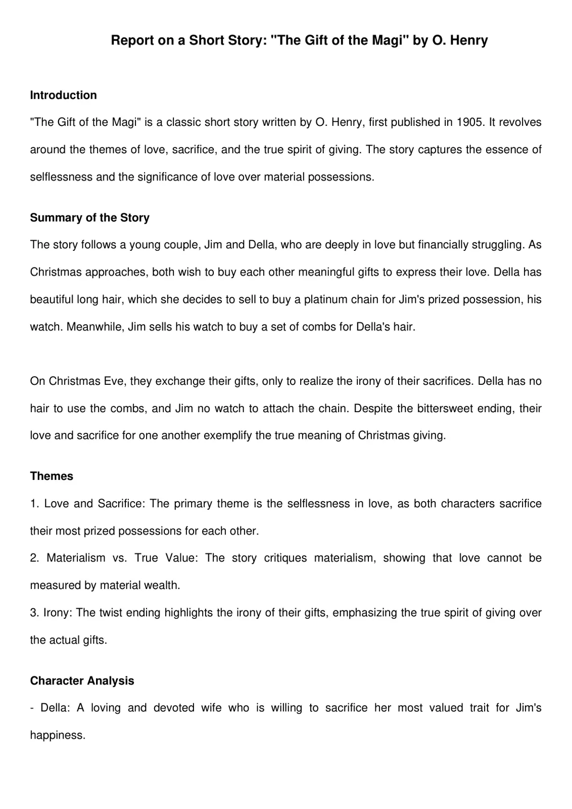 غلاف تقرير Report on a Short Story: "The Gift of the Magi" by O. Henry