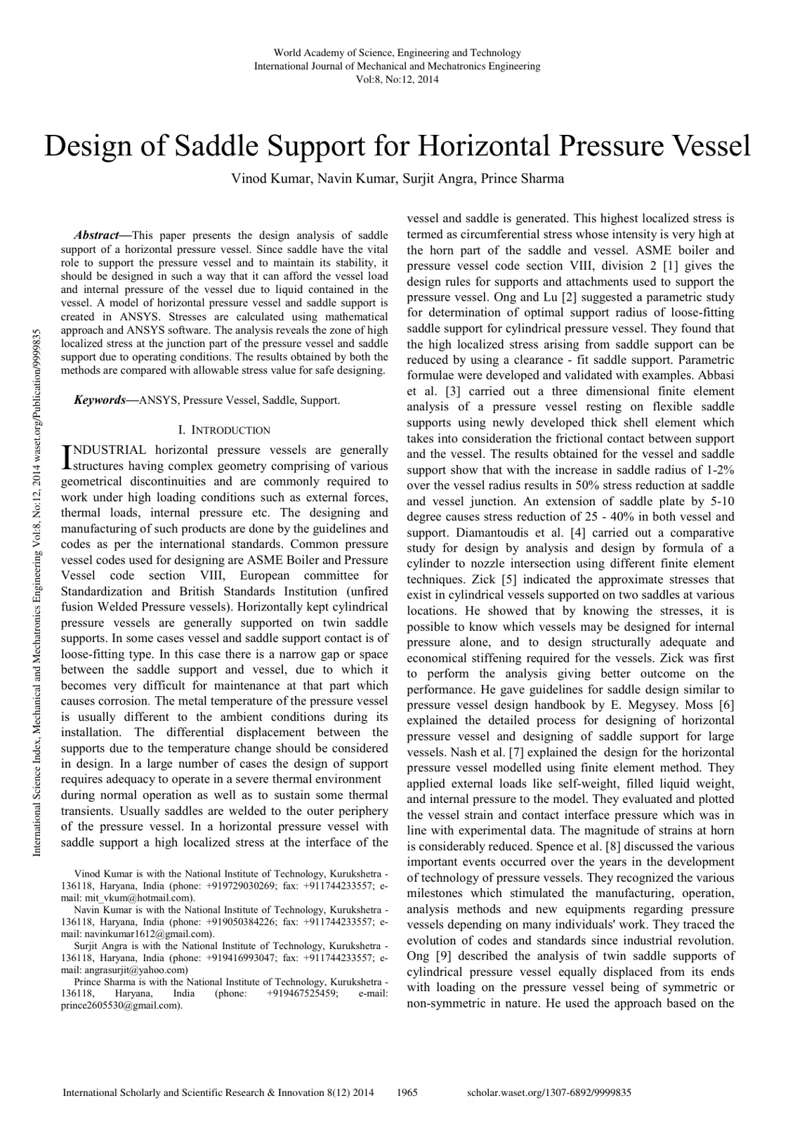 غلاف تقرير Design of Saddle Support for Horizontal Pressure Vessel