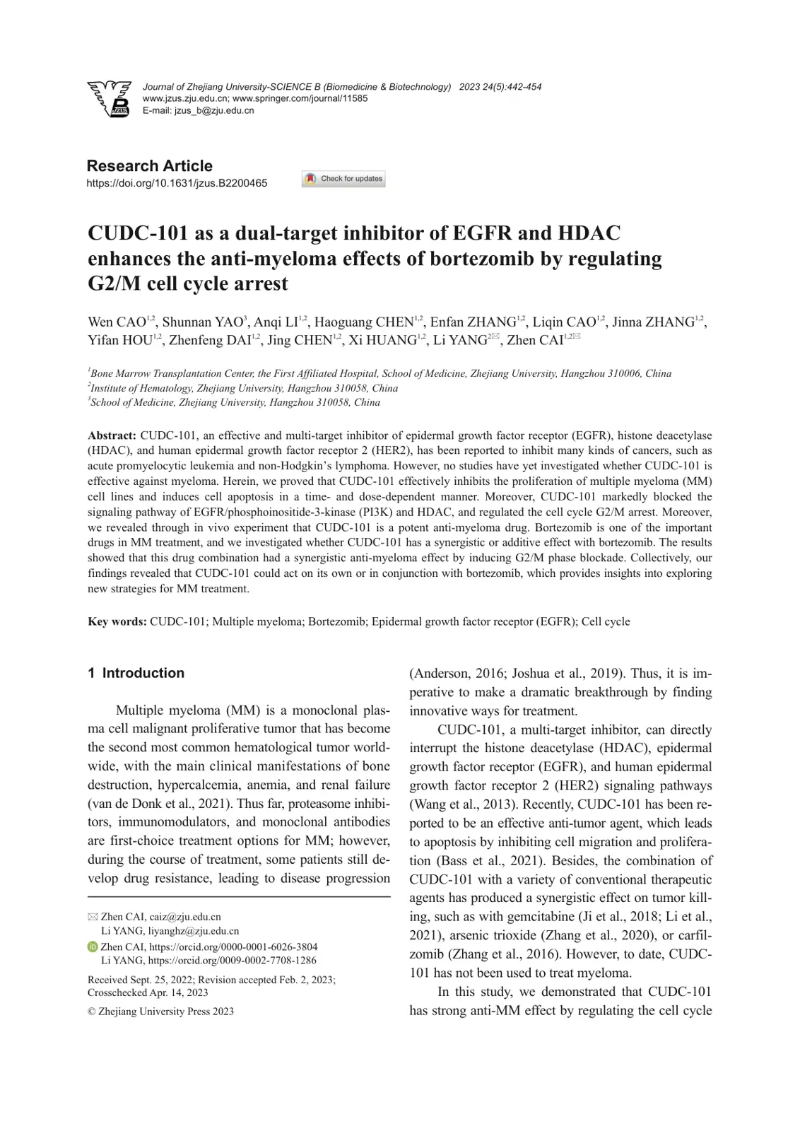 غلاف تقرير CUDC-101 as a dual-target inhibitor of EGFR and HDAC enhances the anti-myeloma effects of bortezomib by regulating G2/M cell cycle arrest