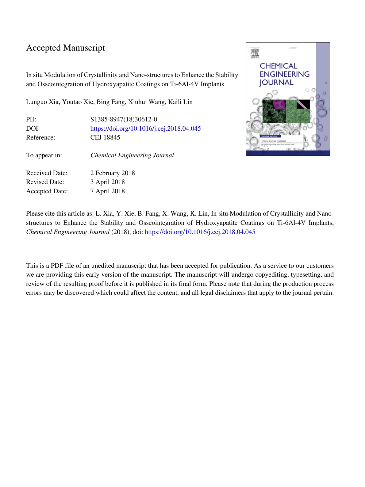 غلاف تقرير In situ Modulation of Crystallinity and Nano-structures to Enhance the Stability and Osseointegration of Hydroxyapatite Coatings on Ti-6Al-4V Implants