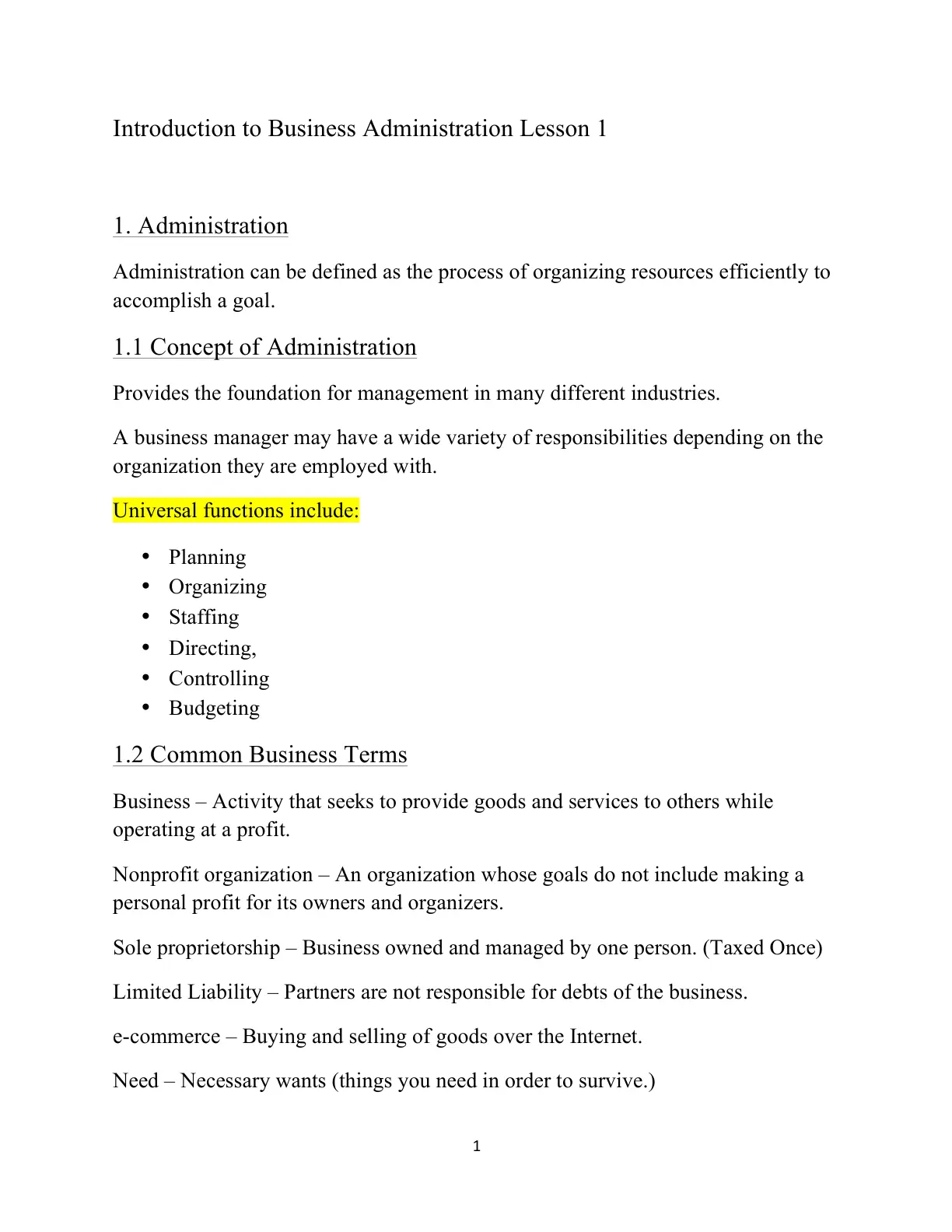 غلاف تقرير Introduction to Business Administration Lesson 1