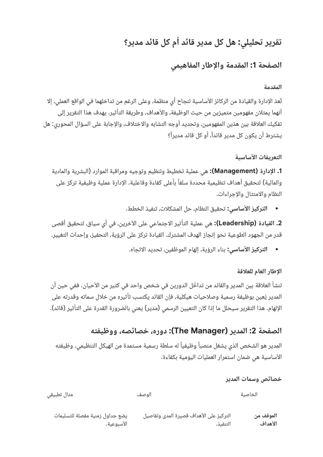 غلاف تقرير تقرير تحليلي: هل كل مدير قائد أم كل قائد مدير؟