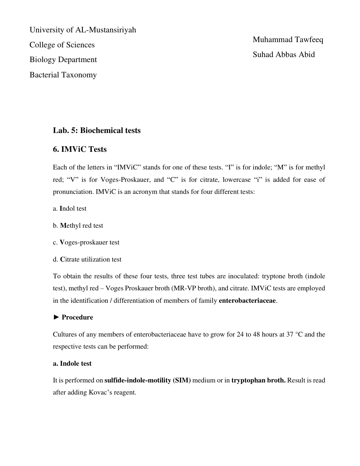 غلاف تقرير Lab. 5: Biochemical tests