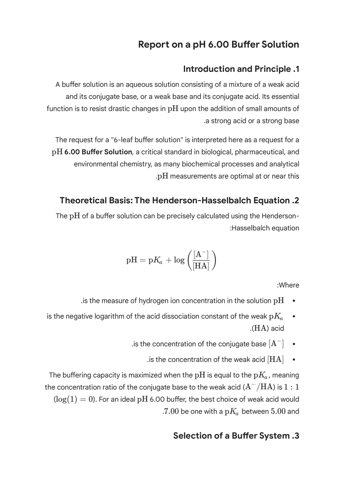 غلاف تقرير Report on a pH 6.00 Buffer Solution