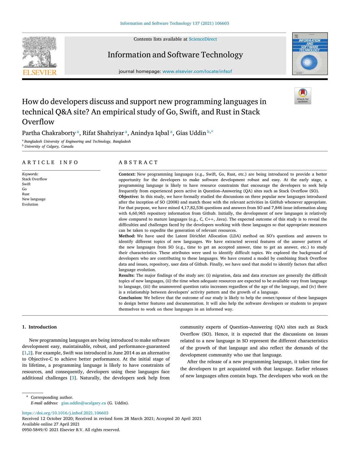 غلاف تقرير How do developers discuss and support new programming languages in technical Q&A site? An empirical study of Go, Swift, and Rust in Stack Overflow