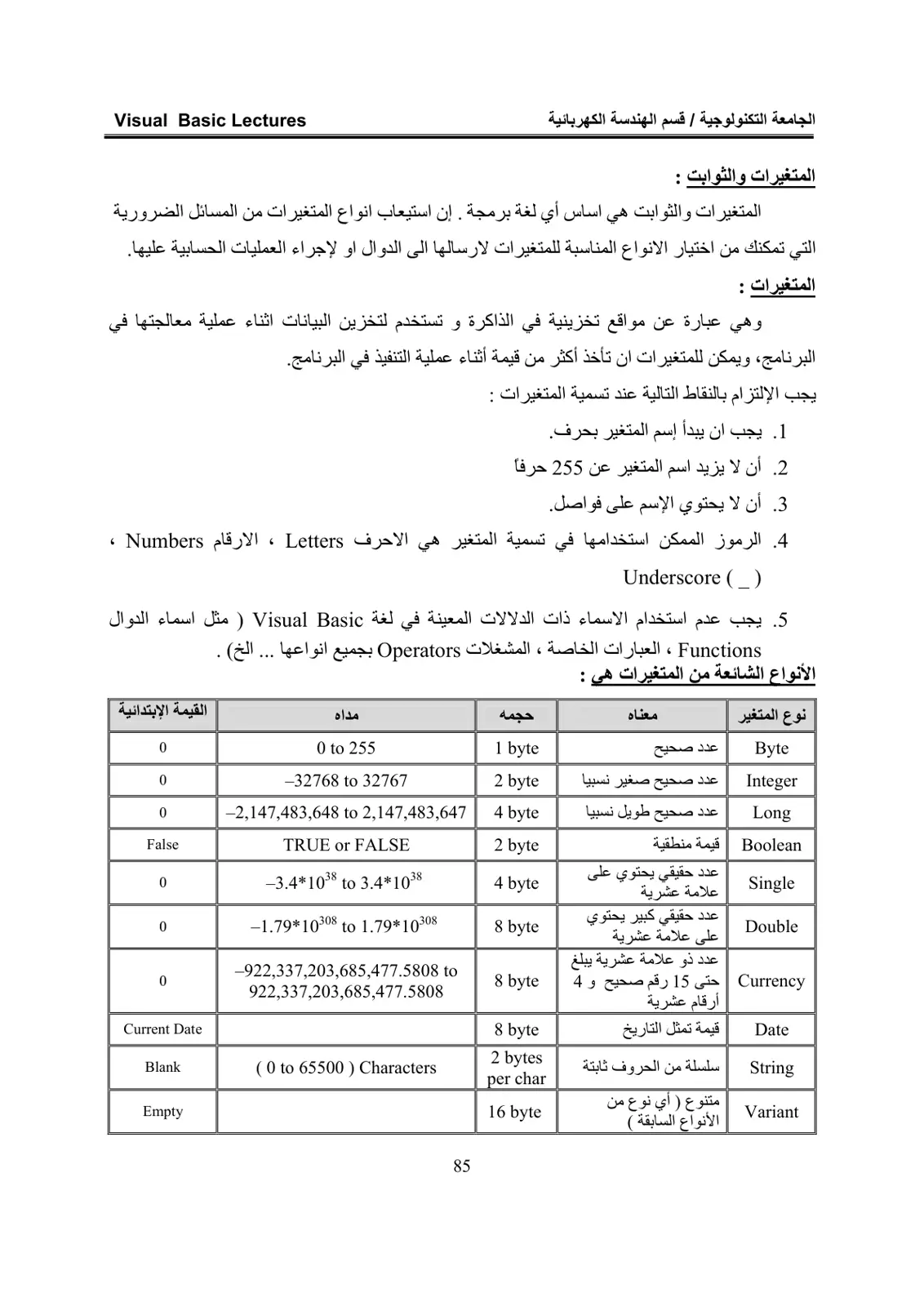 غلاف تقرير Visual Basic Lectures