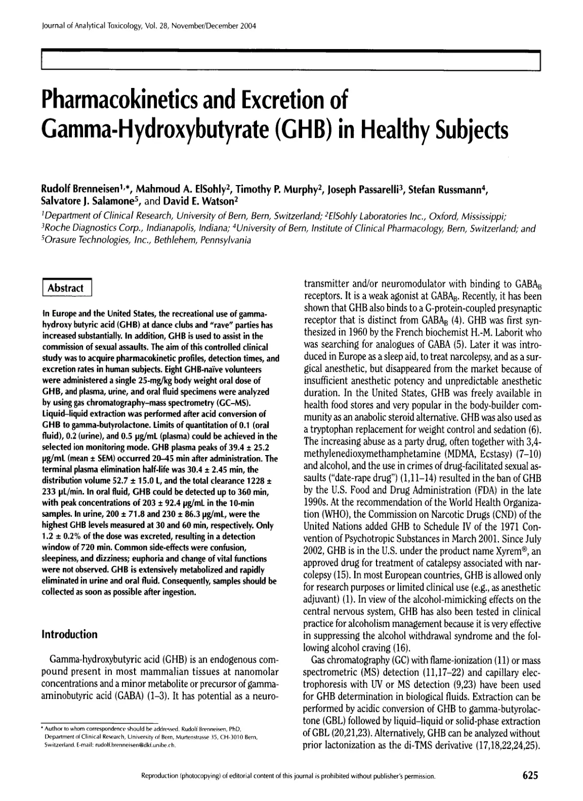غلاف تقرير Pharmacokinetics and Excretion of Gamma-Hydroxybutyrate (GHB) in Healthy Subjects
