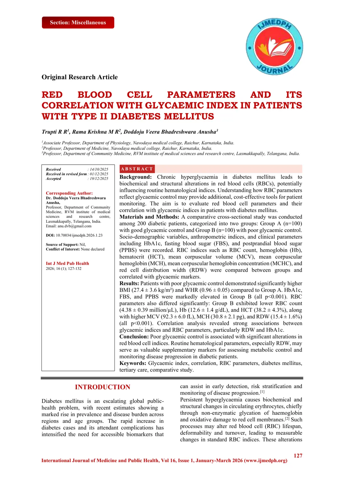 غلاف تقرير Red Blood Cell Parameters and Its Correlation with Glycaemic Index in Patients with Type II Diabetes Mellitus