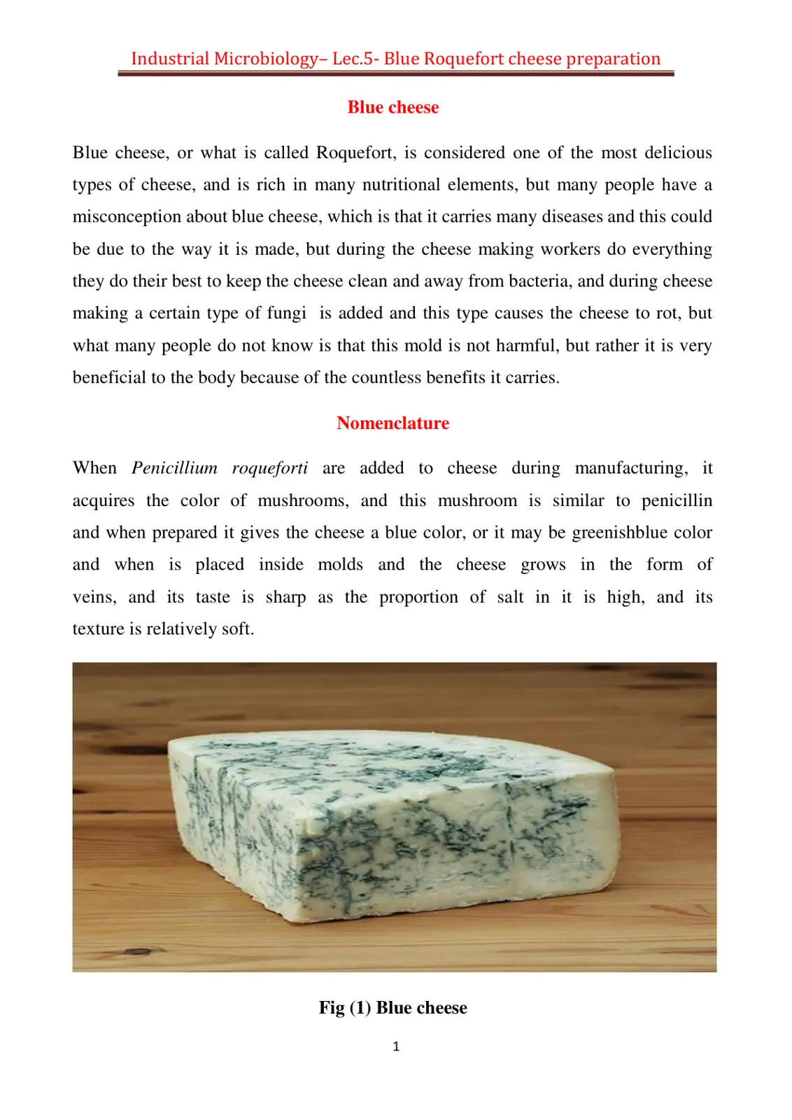 غلاف تقرير Industrial Microbiology- Lec.5- Blue Roquefort cheese preparation
