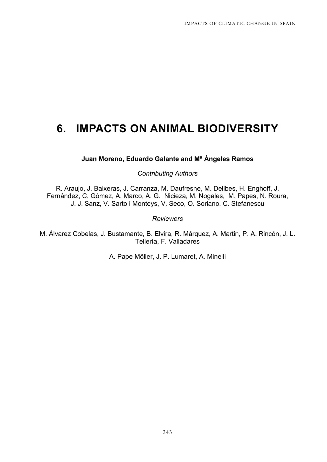غلاف تقرير IMPACTS OF CLIMATIC CHANGE IN SPAIN. 6. IMPACTS ON ANIMAL BIODIVERSITY