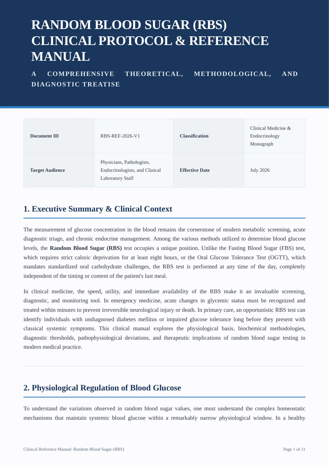 غلاف تقرير Random Blood Sugar (RBS): Clinical Protocol & Reference Manual