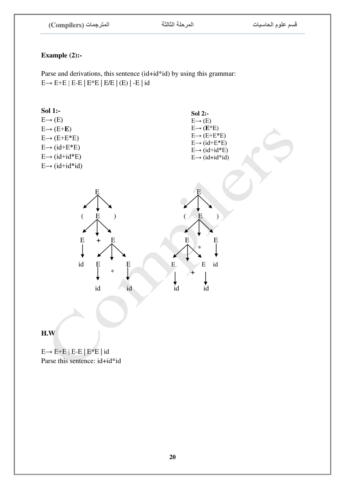 غلاف تقرير المترجمات (Compilers) - أمثلة على الاشتقاقات والتحليل