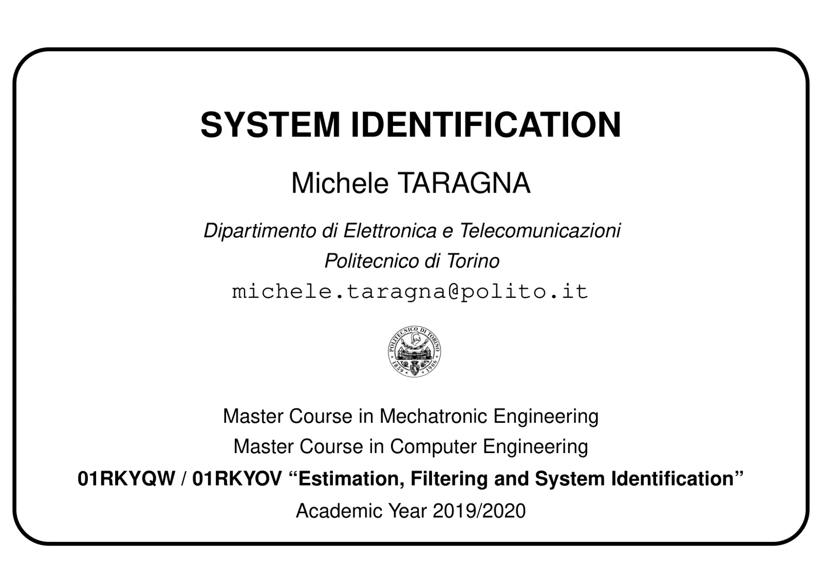 غلاف تقرير System Identification – Master Course, Politecnico di Torino