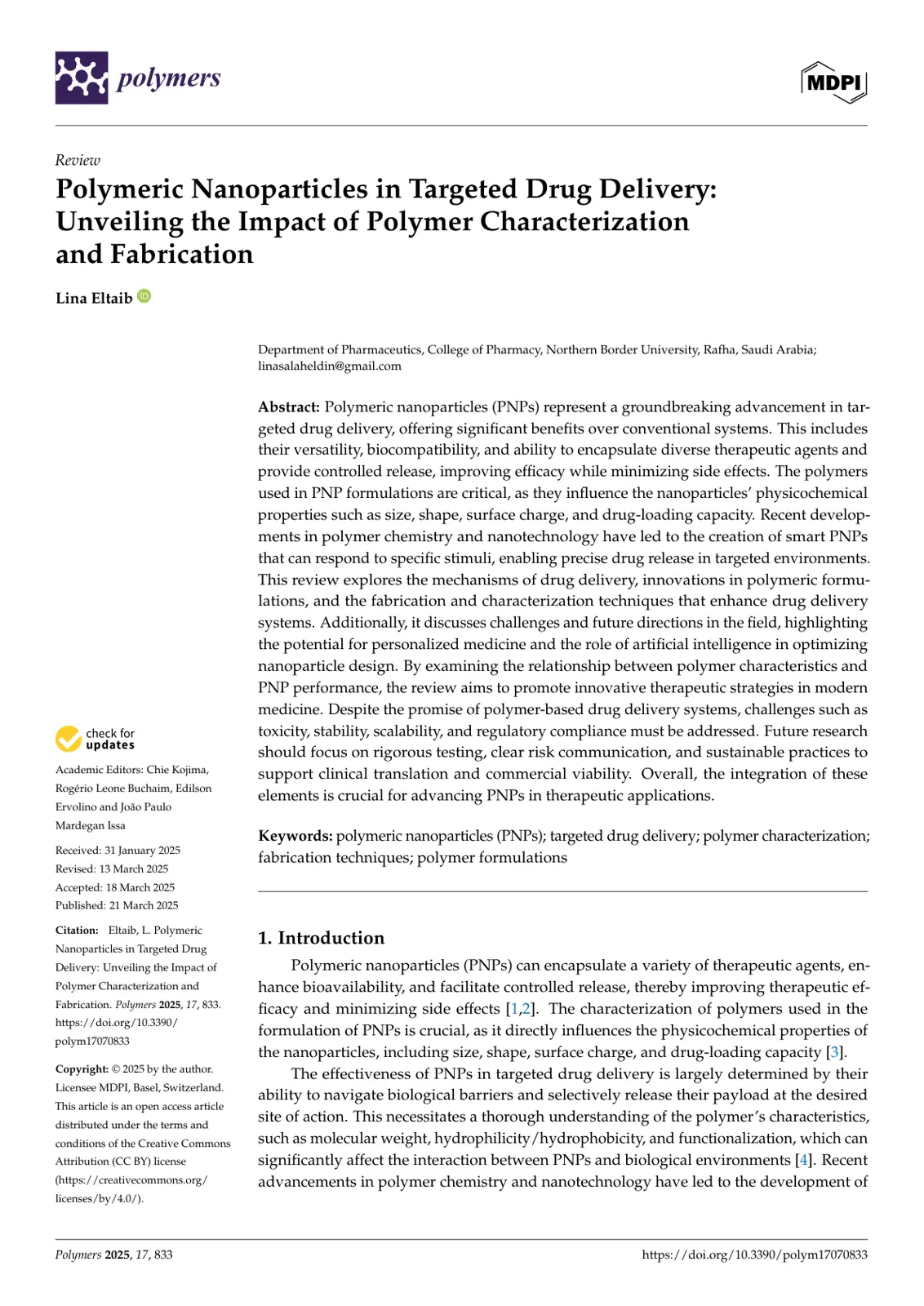غلاف تقرير Polymeric Nanoparticles in Targeted Drug Delivery: Unveiling the Impact of Polymer Characterization and Fabrication