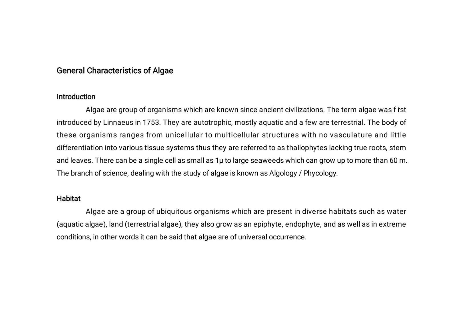 غلاف تقرير General Characteristics of Algae