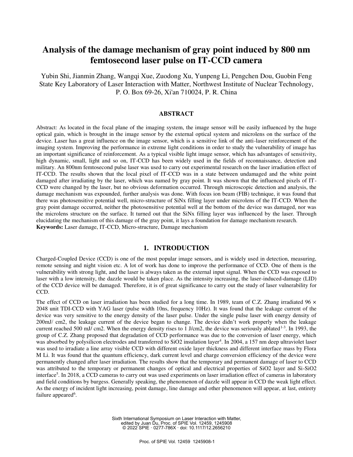 غلاف تقرير Analysis of the damage mechanism of gray point induced by 800 nm femtosecond laser pulse on IT-CCD camera