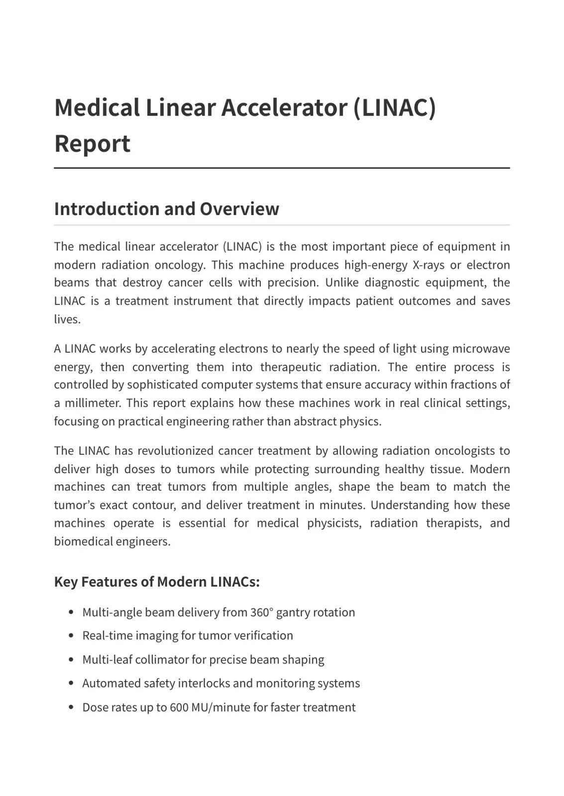 غلاف تقرير Medical Linear Accelerator (LINAC) Report