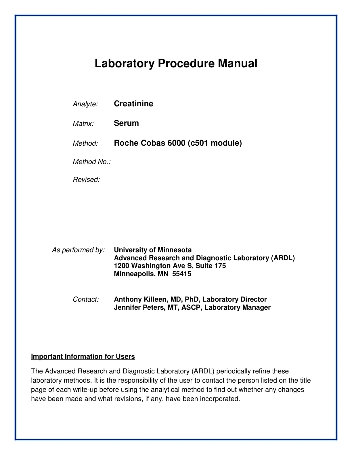 غلاف تقرير Laboratory Procedure Manual: Creatinine - Roche Cobas 6000