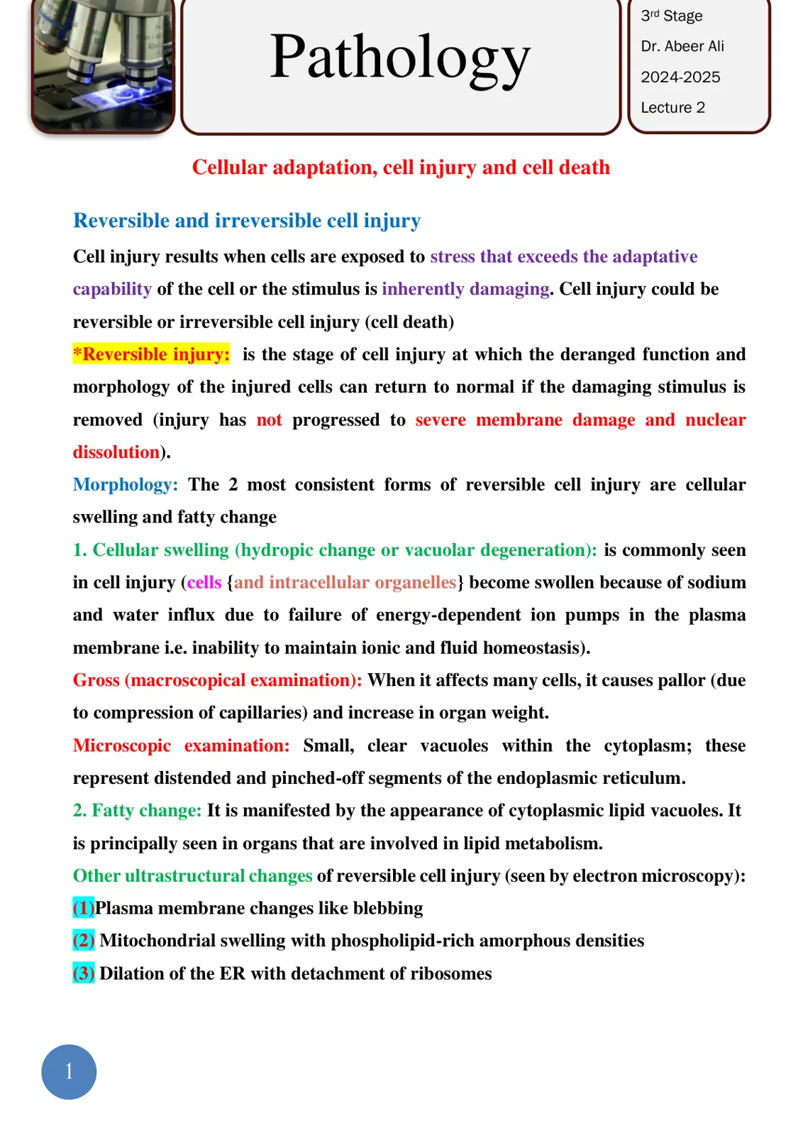 غلاف تقرير Pathology - Lecture 2: Cellular Adaptation, Cell Injury and Cell Death
