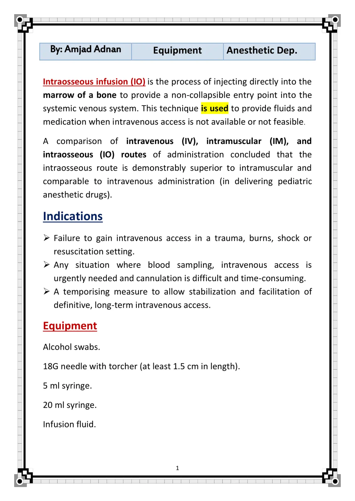 غلاف تقرير Intraosseous infusion (IO)
